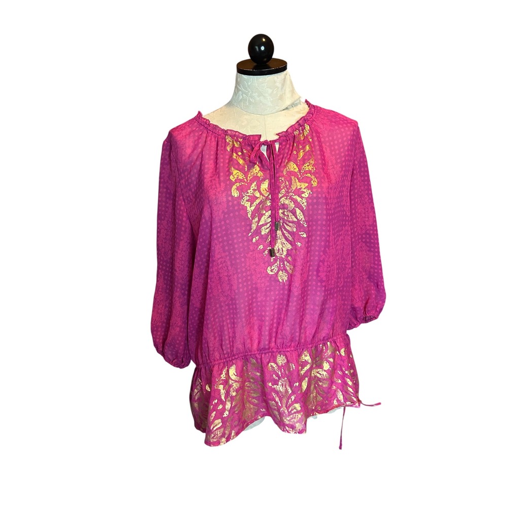 Chico's Pink & Gold Metallic Stamp Blouse Semi-Sheer Paisley Sz 2 (L)